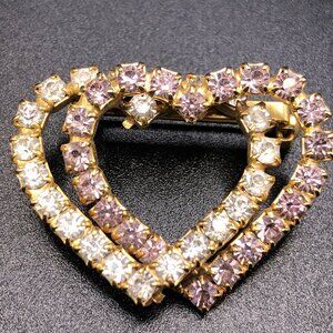 Rhinestone Intertwined Double Pink and Clear Hearts Brooch Pin